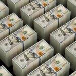 Stacks of hundred dollar bills are shown.