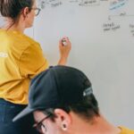 Two people collaborating on a whiteboard with notes.